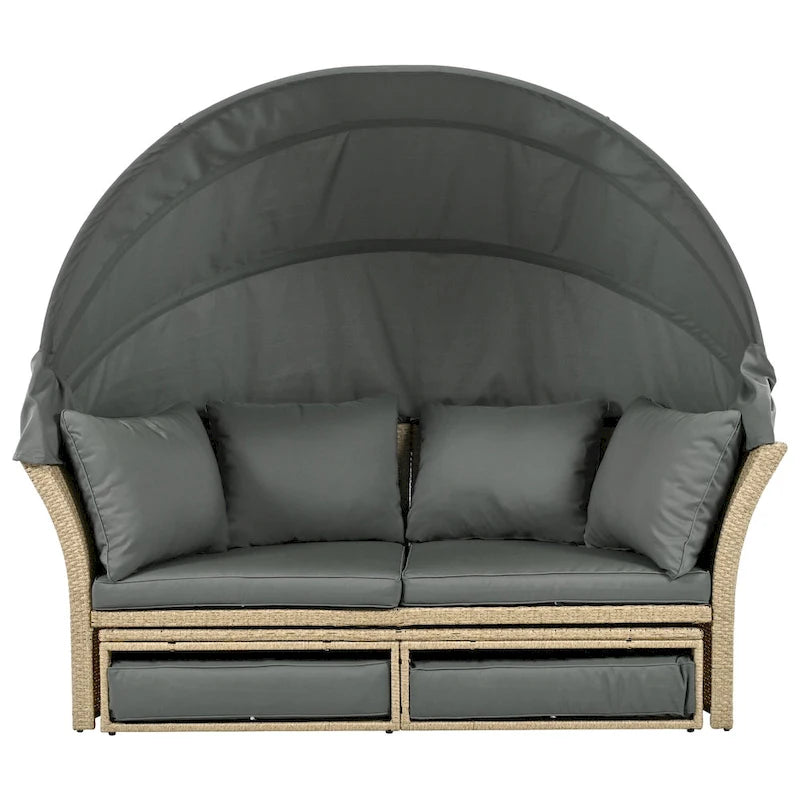 Lit de repos d'extérieur, ensemble de meubles de jardin avec auvent rétractable, canapé rond en rotin tressé pour patio avec 4 coussins