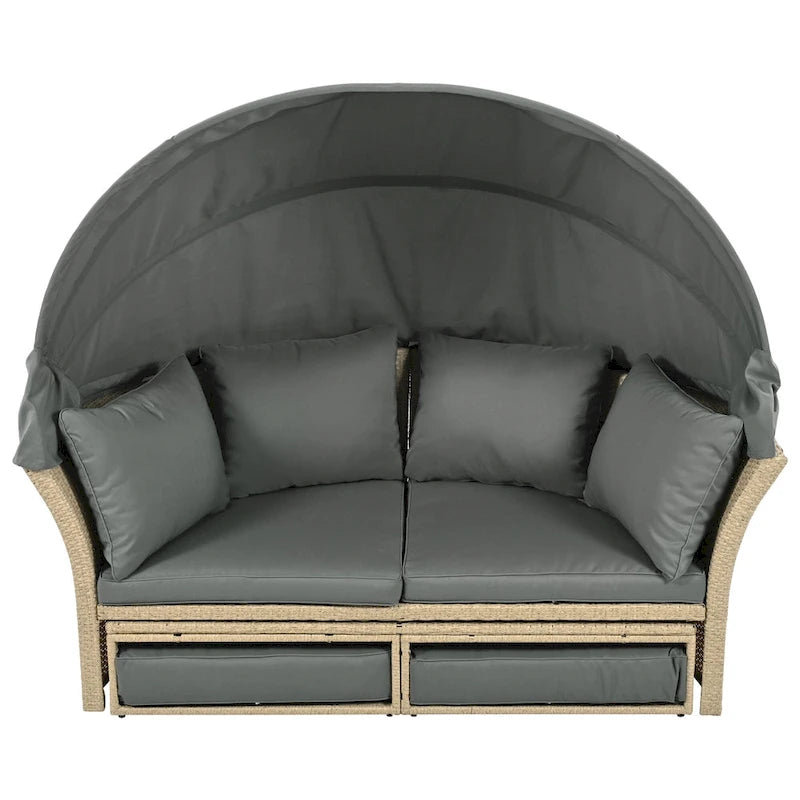 Lit de repos d'extérieur, ensemble de meubles de jardin avec auvent rétractable, canapé rond en rotin tressé pour patio avec 4 coussins