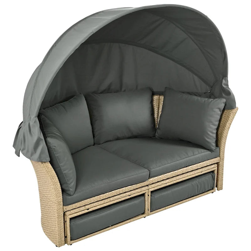 Lit de repos d'extérieur, ensemble de meubles de jardin avec auvent rétractable, canapé rond en rotin tressé pour patio avec 4 coussins