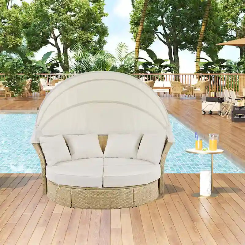 Lit de repos d'extérieur, ensemble de meubles de jardin avec auvent rétractable, canapé rond en rotin tressé pour patio avec 4 coussins