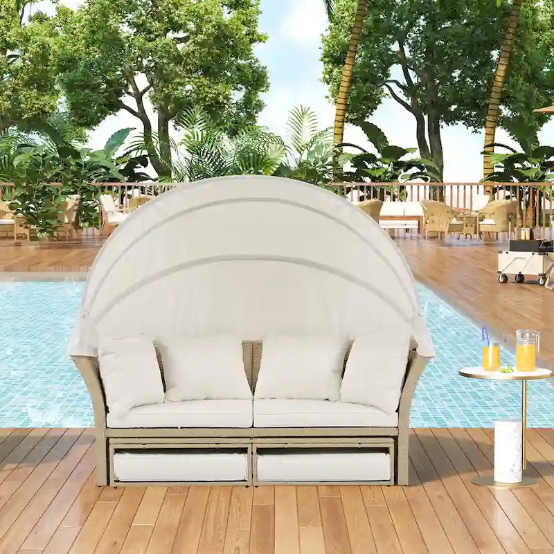 Lit de repos d'extérieur, ensemble de meubles de jardin avec auvent rétractable, canapé rond en rotin tressé pour patio avec 4 coussins