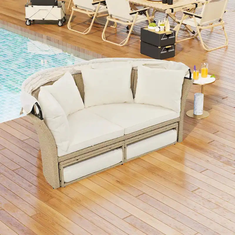 Lit de repos d'extérieur, ensemble de meubles de jardin avec auvent rétractable, canapé rond en rotin tressé pour patio avec 4 coussins