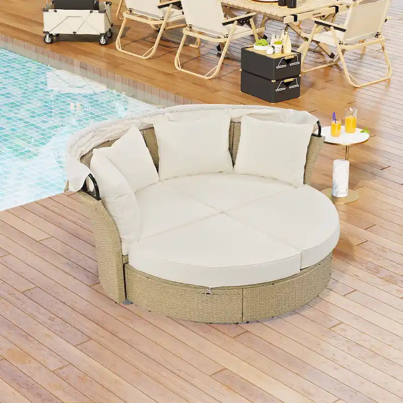 Lit de repos d'extérieur, ensemble de meubles de jardin avec auvent rétractable, canapé rond en rotin tressé pour patio avec 4 coussins