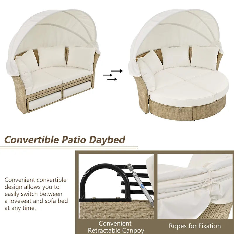 Lit de repos d'extérieur, ensemble de meubles de jardin avec auvent rétractable, canapé rond en rotin tressé pour patio avec 4 coussins