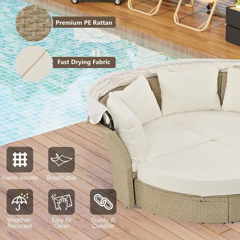 Lit de repos d'extérieur, ensemble de meubles de jardin avec auvent rétractable, canapé rond en rotin tressé pour patio avec 4 coussins