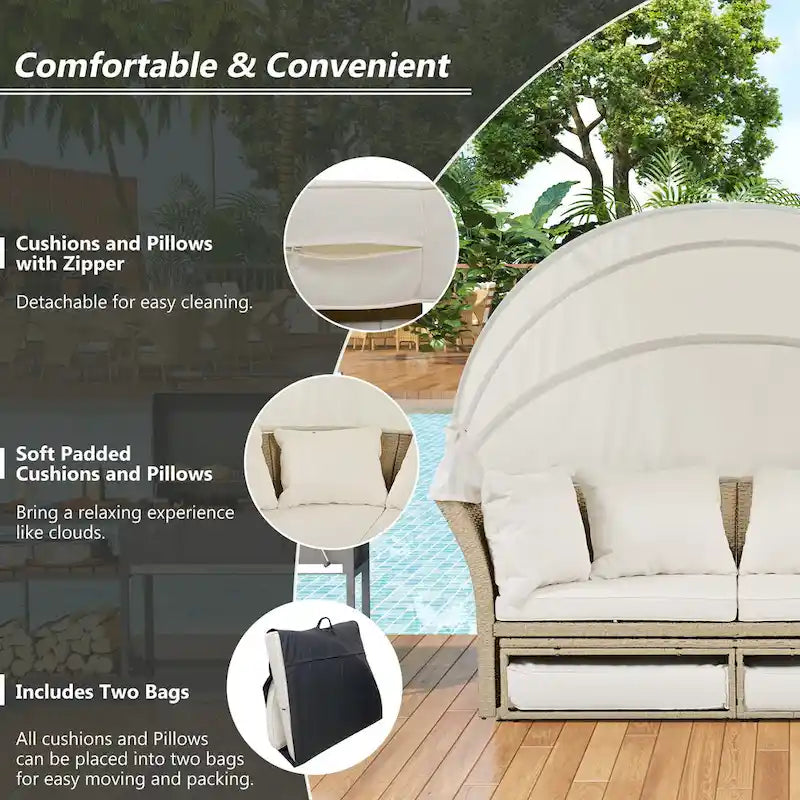 Lit de repos d'extérieur, ensemble de meubles de jardin avec auvent rétractable, canapé rond en rotin tressé pour patio avec 4 coussins