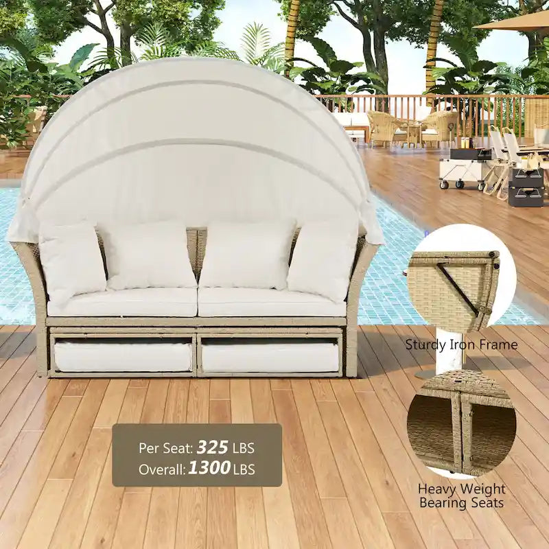Lit de repos d'extérieur, ensemble de meubles de jardin avec auvent rétractable, canapé rond en rotin tressé pour patio avec 4 coussins