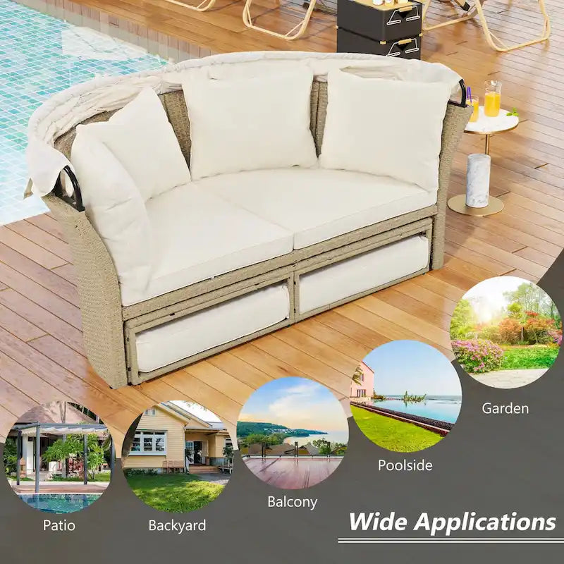 Lit de repos d'extérieur, ensemble de meubles de jardin avec auvent rétractable, canapé rond en rotin tressé pour patio avec 4 coussins