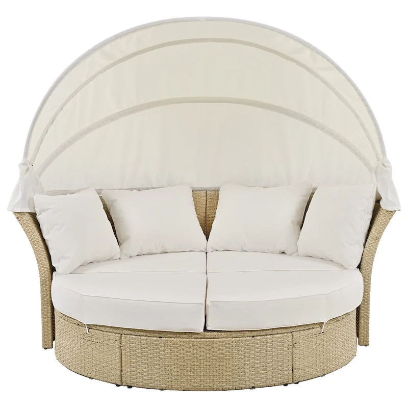 Lit de repos d'extérieur, ensemble de meubles de jardin avec auvent rétractable, canapé rond en rotin tressé pour patio avec 4 coussins