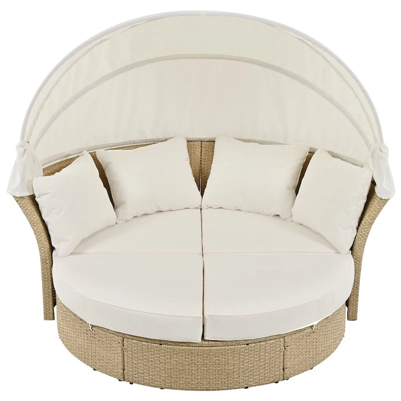 Lit de repos d'extérieur, ensemble de meubles de jardin avec auvent rétractable, canapé rond en rotin tressé pour patio avec 4 coussins