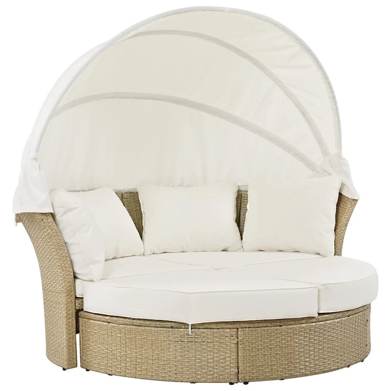 Lit de repos d'extérieur, ensemble de meubles de jardin avec auvent rétractable, canapé rond en rotin tressé pour patio avec 4 coussins