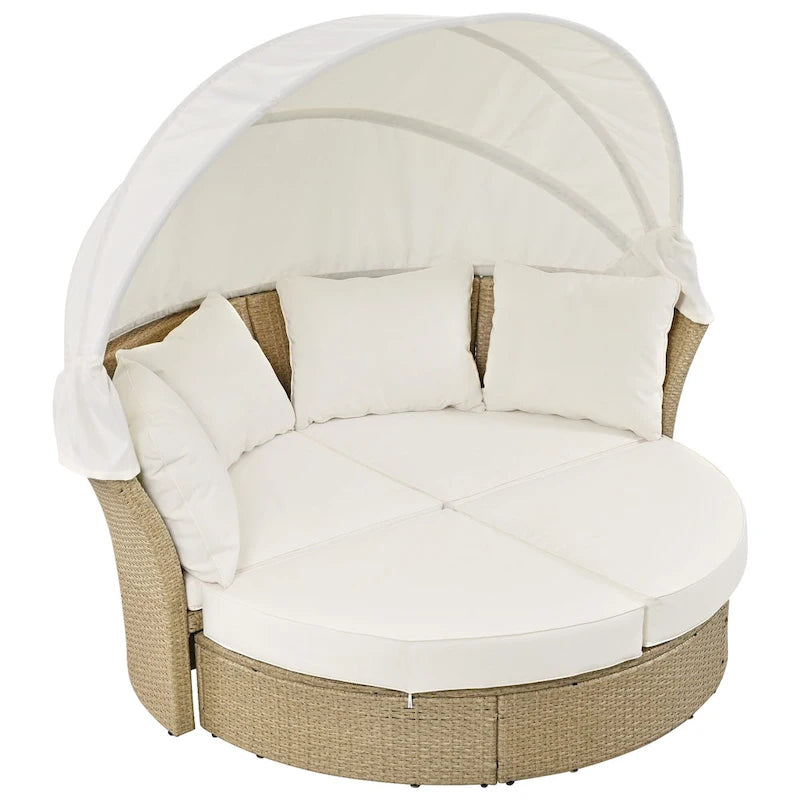 Lit de repos d'extérieur, ensemble de meubles de jardin avec auvent rétractable, canapé rond en rotin tressé pour patio avec 4 coussins