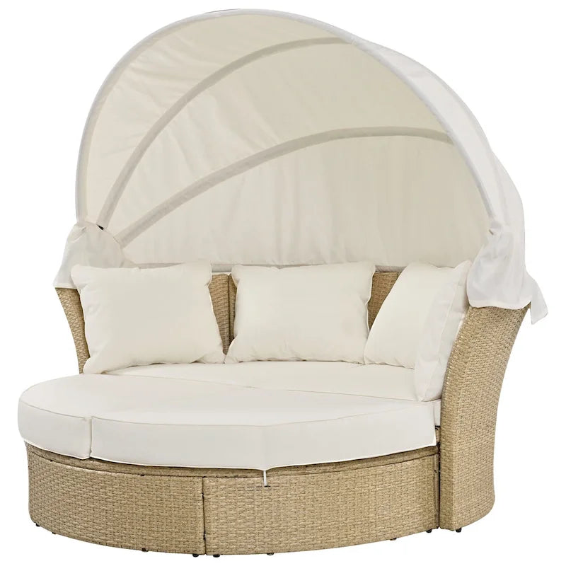 Lit de repos d'extérieur, ensemble de meubles de jardin avec auvent rétractable, canapé rond en rotin tressé pour patio avec 4 coussins