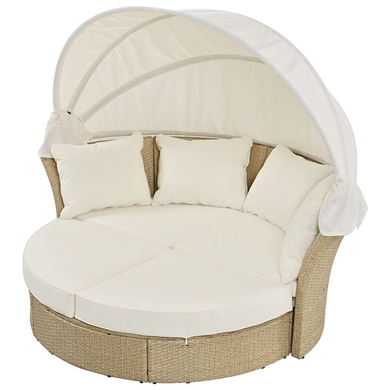Lit de repos d'extérieur, ensemble de meubles de jardin avec auvent rétractable, canapé rond en rotin tressé pour patio avec 4 coussins