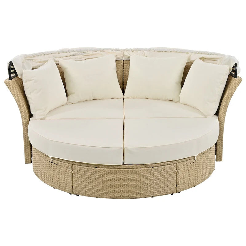 Lit de repos d'extérieur, ensemble de meubles de jardin avec auvent rétractable, canapé rond en rotin tressé pour patio avec 4 coussins