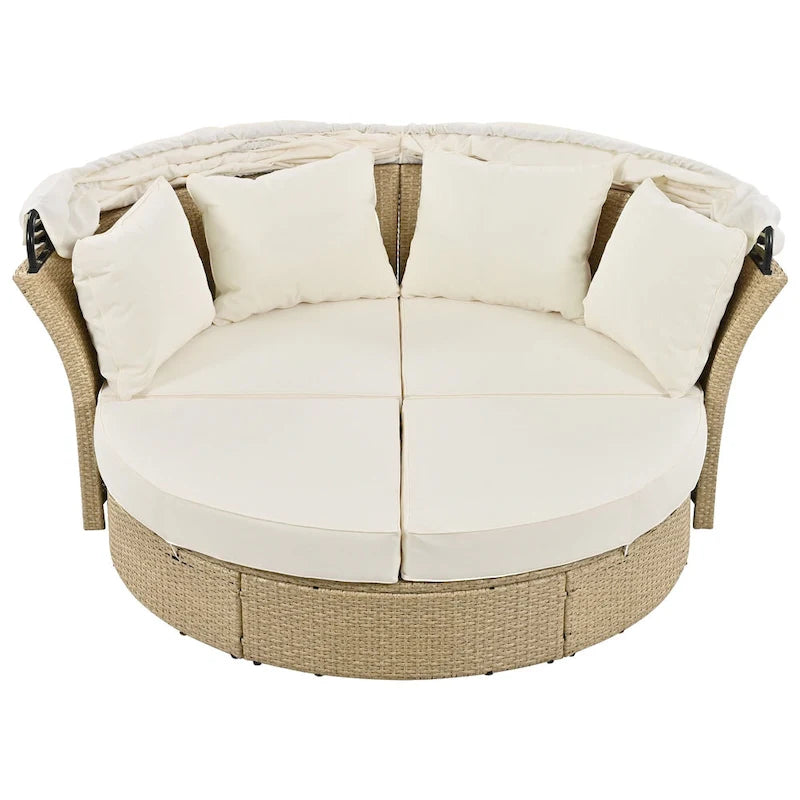 Lit de repos d'extérieur, ensemble de meubles de jardin avec auvent rétractable, canapé rond en rotin tressé pour patio avec 4 coussins