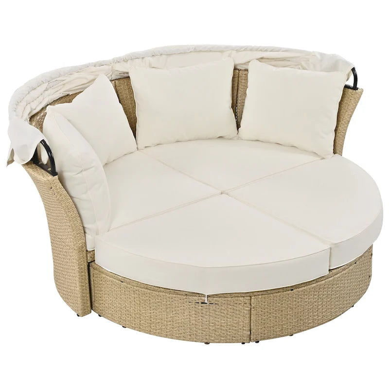 Lit de repos d'extérieur, ensemble de meubles de jardin avec auvent rétractable, canapé rond en rotin tressé pour patio avec 4 coussins