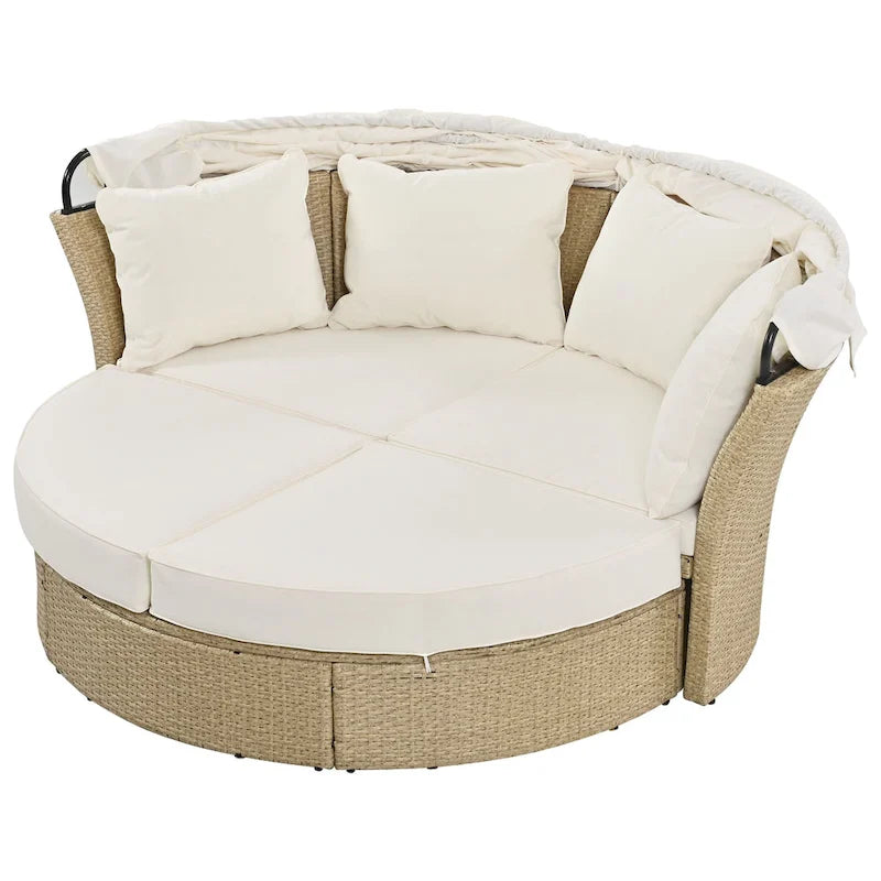 Lit de repos d'extérieur, ensemble de meubles de jardin avec auvent rétractable, canapé rond en rotin tressé pour patio avec 4 coussins