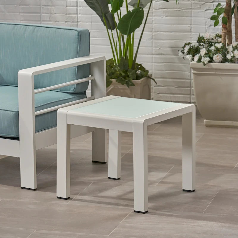 Table basse de piscine Table d'appoint carrée Table d'appoint d'extérieur en aluminium Table de canapé avec plateau en verre trempé dépoli