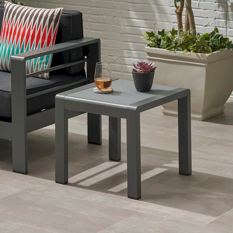 Table basse de piscine Table d'appoint carrée Table d'appoint d'extérieur en aluminium Table de canapé avec plateau en verre trempé dépoli