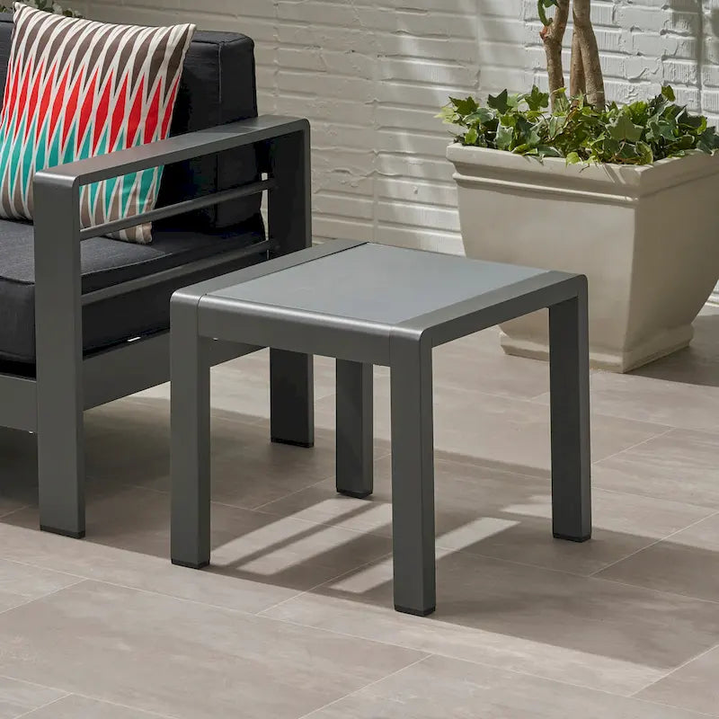 Table basse de piscine Table d'appoint carrée Table d'appoint d'extérieur en aluminium Table de canapé avec plateau en verre trempé dépoli