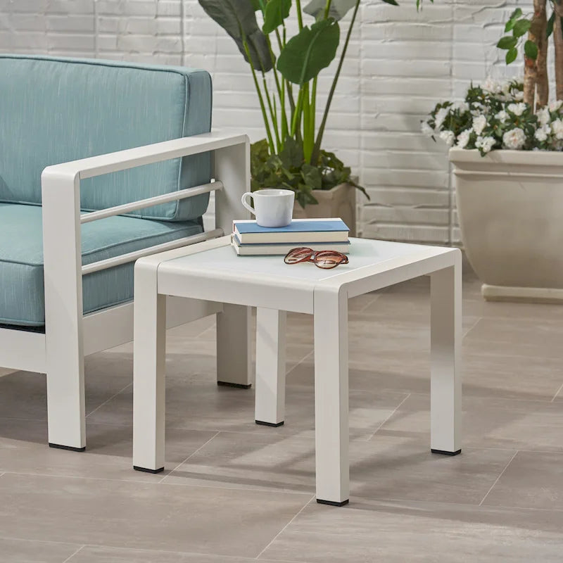 Table basse de piscine Table d'appoint carrée Table d'appoint d'extérieur en aluminium Table de canapé avec plateau en verre trempé dépoli