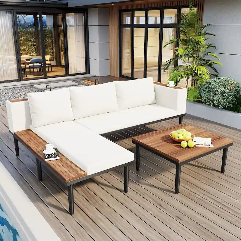 Ensemble de meubles de patio avec coussins amovibles et table basse, canapé en bois d'acacia, canapé d'angle d'extérieur