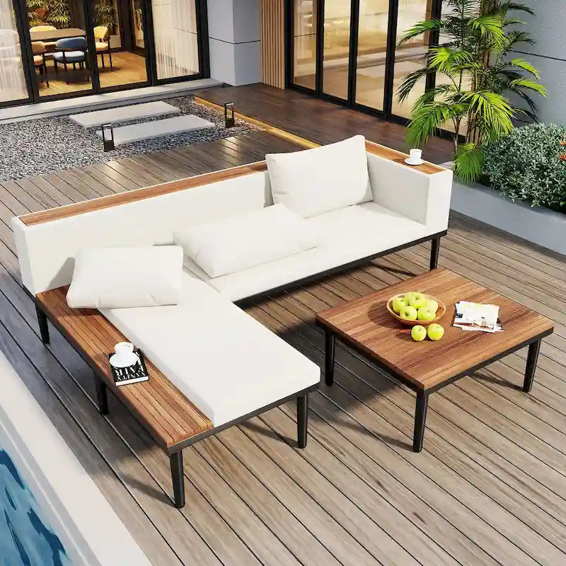 Patio Furniture Set with Removable Cushions and Coffee Table, Acacia Wood Sofa ,Outdoor Conversation Sectional Sofa