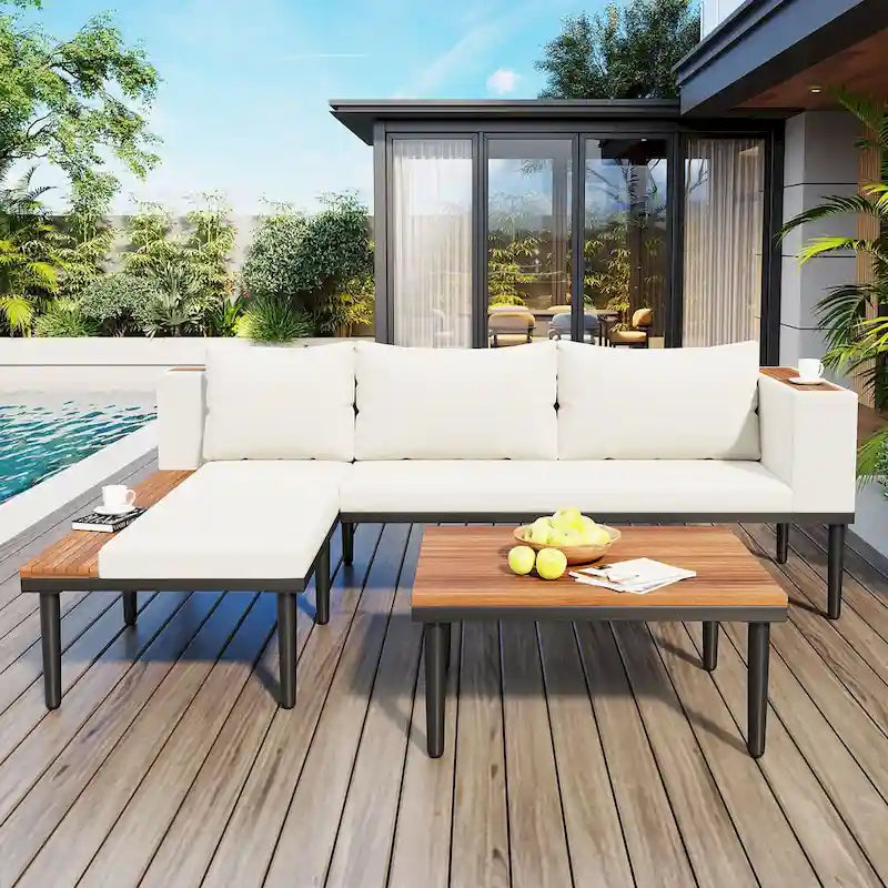 Ensemble de meubles de patio avec coussins amovibles et table basse, canapé en bois d'acacia, canapé d'angle d'extérieur