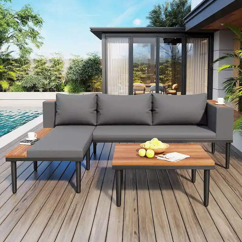 Ensemble de meubles de patio avec coussins amovibles et table basse, canapé en bois d'acacia, canapé d'angle d'extérieur
