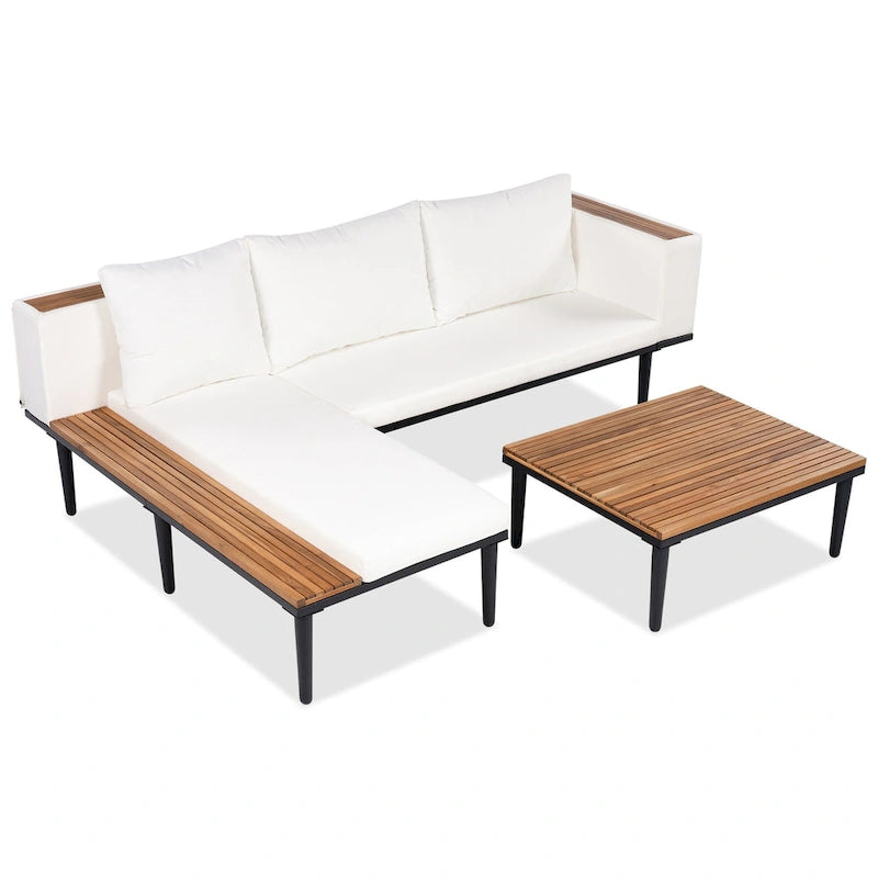 Ensemble de meubles de patio avec coussins amovibles et table basse, canapé en bois d'acacia, canapé d'angle d'extérieur