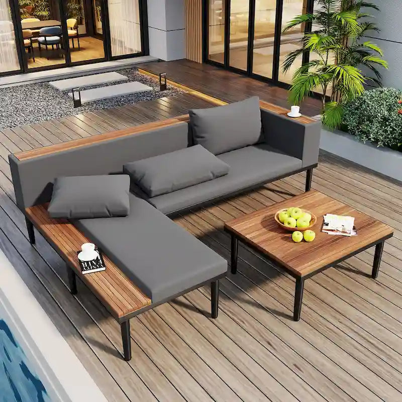 Ensemble de meubles de patio avec coussins amovibles et table basse, canapé en bois d'acacia, canapé d'angle d'extérieur