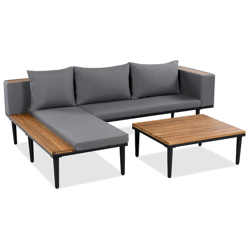 Ensemble de meubles de patio avec coussins amovibles et table basse, canapé en bois d'acacia, canapé d'angle d'extérieur