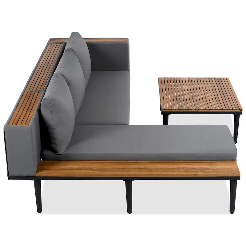 Ensemble de meubles de patio avec coussins amovibles et table basse, canapé en bois d'acacia, canapé d'angle d'extérieur