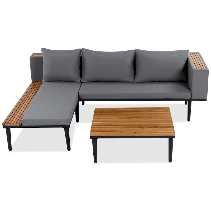 Ensemble de meubles de patio avec coussins amovibles et table basse, canapé en bois d'acacia, canapé d'angle d'extérieur