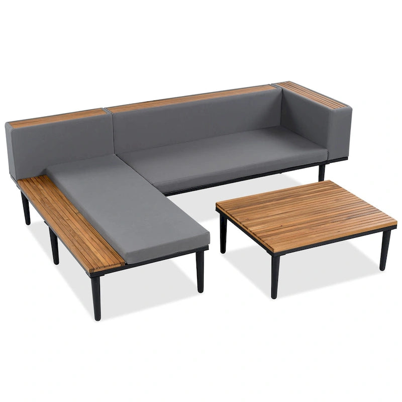 Ensemble de meubles de patio avec coussins amovibles et table basse, canapé en bois d'acacia, canapé d'angle d'extérieur