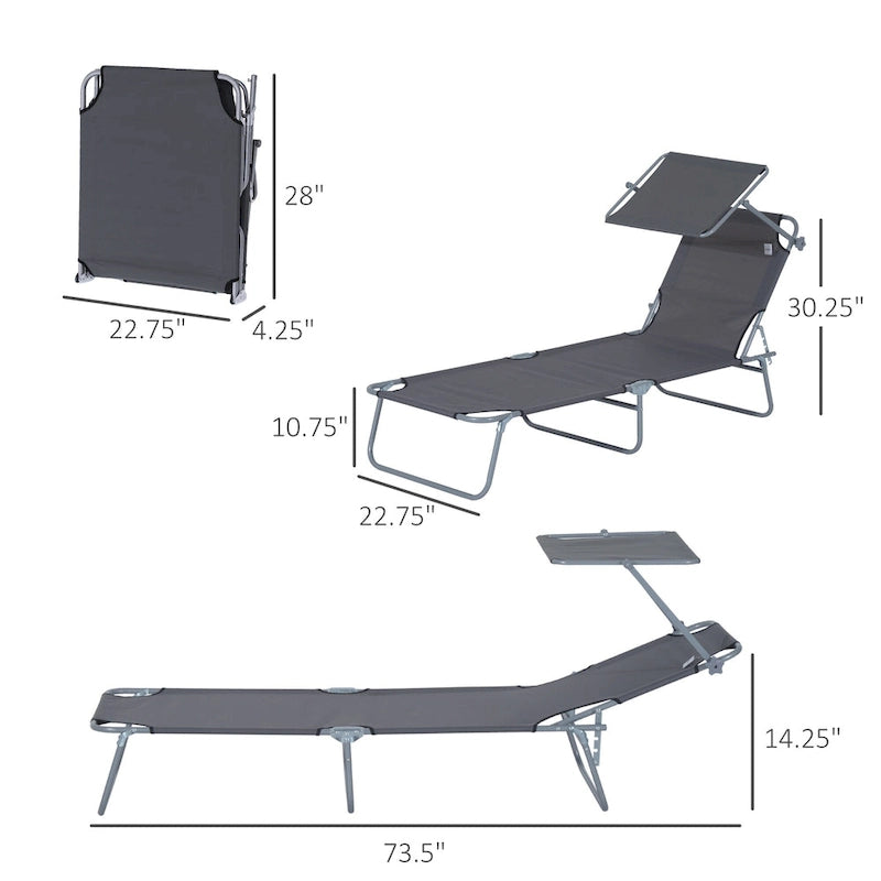 Chaise longue d'extérieur Outsunny, transat pliable réglable, chaise de bronzage avec pare-soleil pour la plage, le camping, le jardin