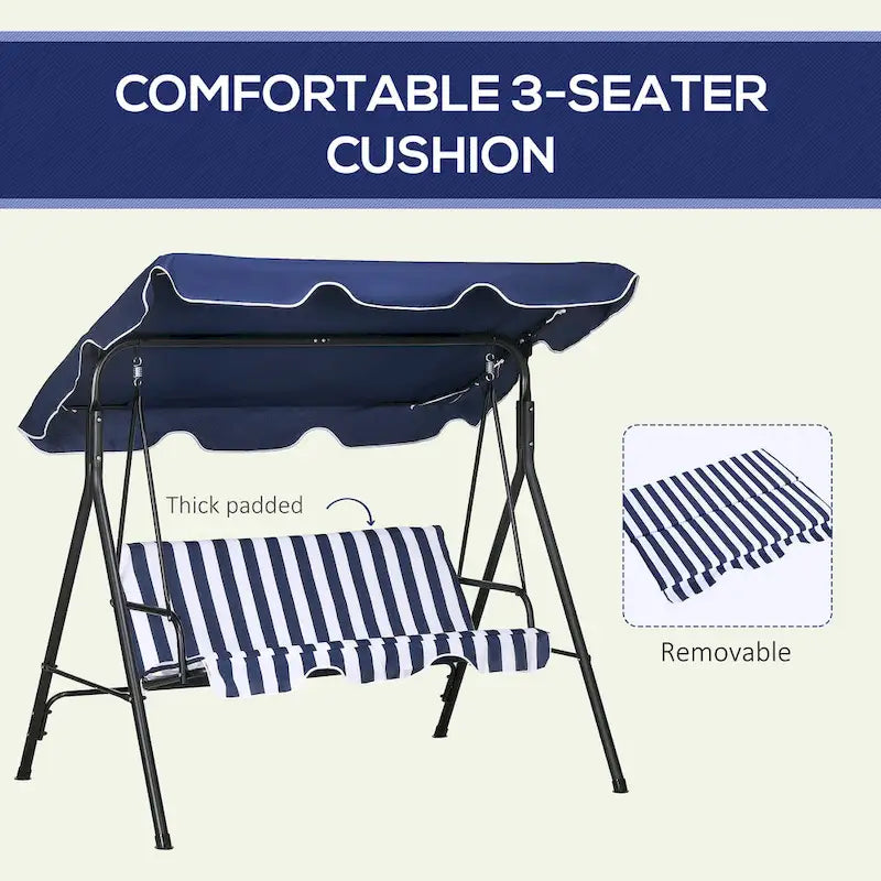 Balançoire de patio à 3 places avec coussin amovible et auvent inclinable réglable pour patio, jardin, bord de piscine, balcon