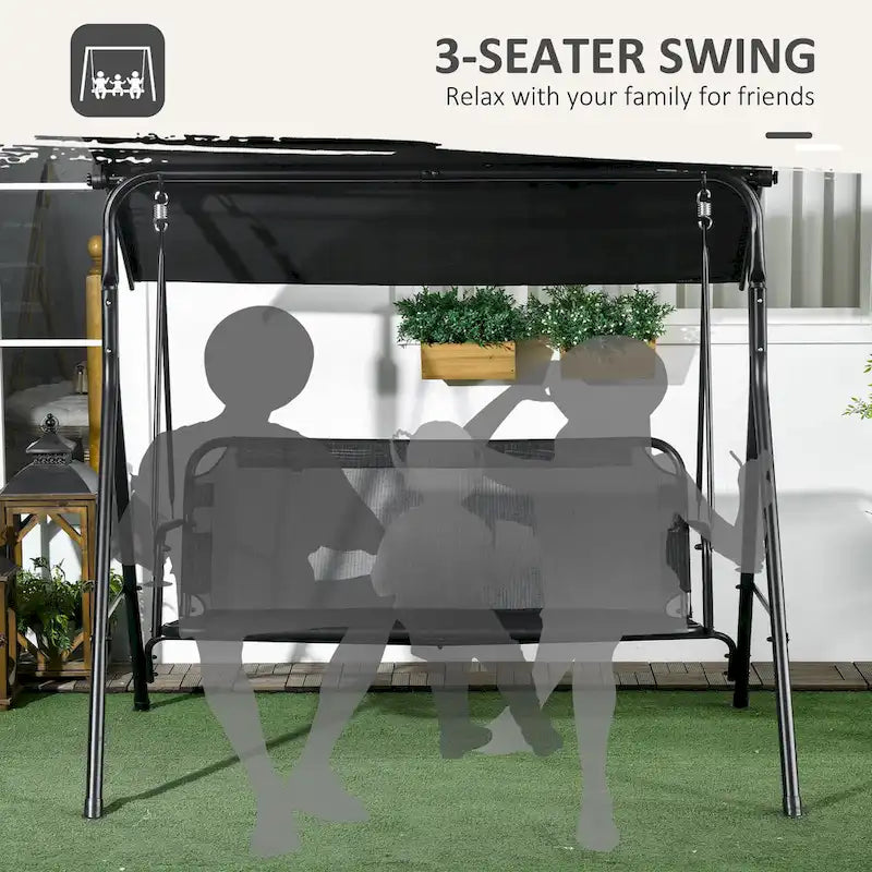 Balançoire de jardin 3 places Outsunny avec coussin amovible, support en acier et auvent inclinable réglable pour l'extérieur
