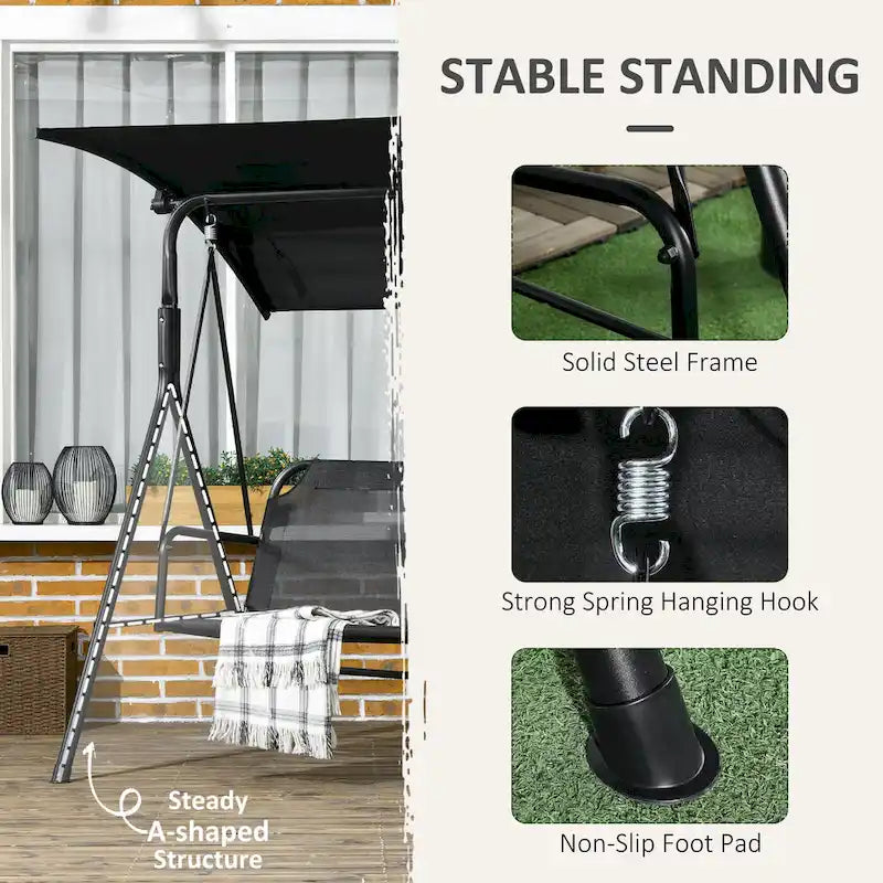 Balançoire de jardin 3 places Outsunny avec coussin amovible, support en acier et auvent inclinable réglable pour l'extérieur