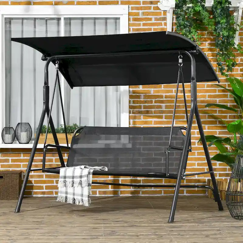 Balançoire de jardin 3 places Outsunny avec coussin amovible, support en acier et auvent inclinable réglable pour l'extérieur
