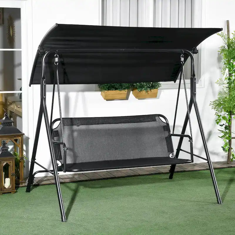 Balançoire de jardin 3 places Outsunny avec coussin amovible, support en acier et auvent inclinable réglable pour l'extérieur