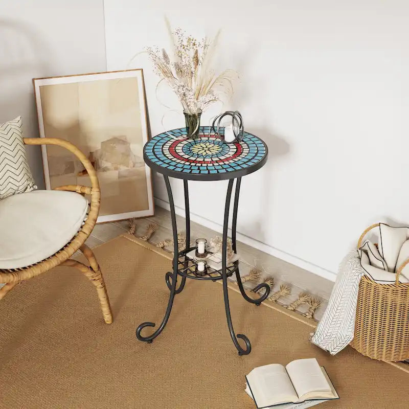 Patio Side Table with Shelf,Blue+Black