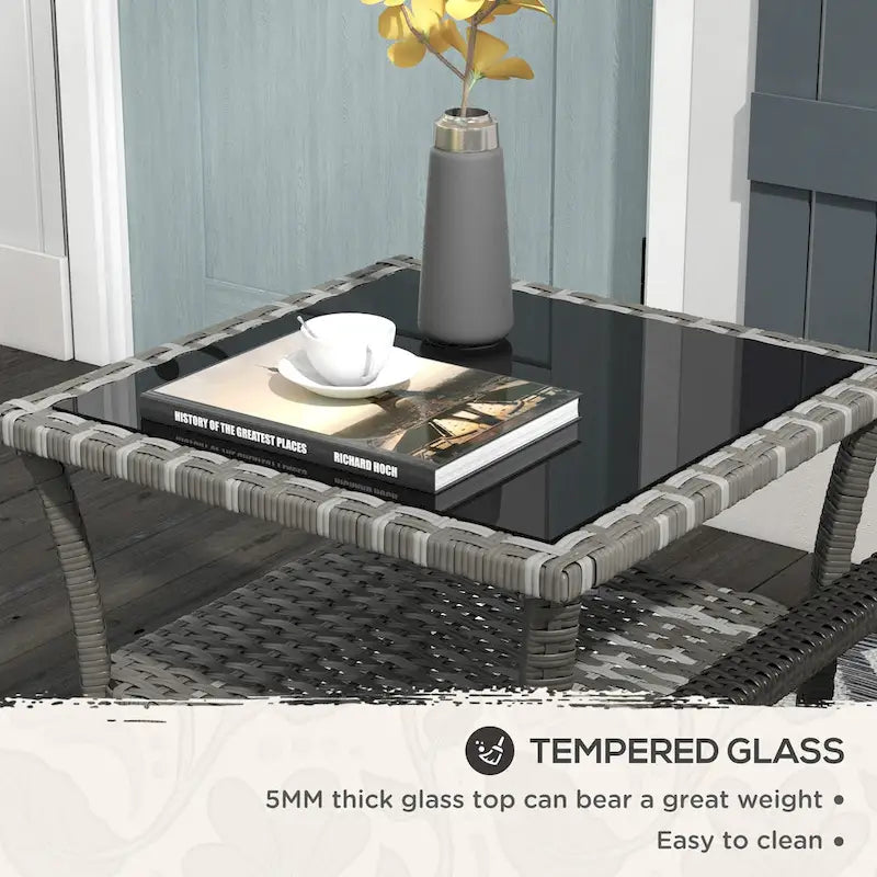 Table d'appoint en rotin, table d'appoint d'extérieur avec étagère de rangement, cadre carré en aluminium, table basse avec plateau en verre trempé, gris mélangé