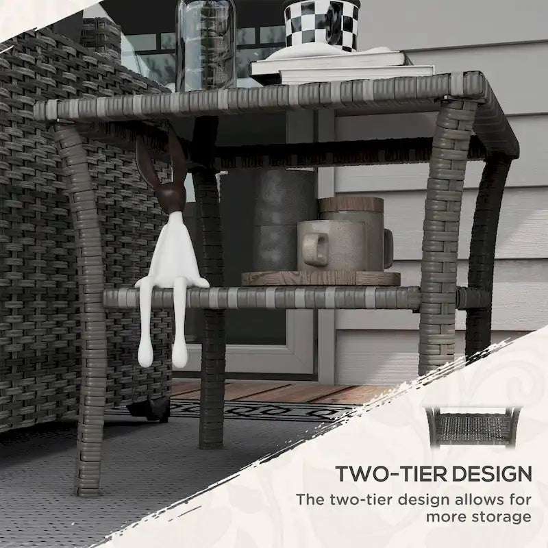 Table d'appoint en rotin, table d'appoint d'extérieur avec étagère de rangement, cadre carré en aluminium, table basse avec plateau en verre trempé, gris mélangé