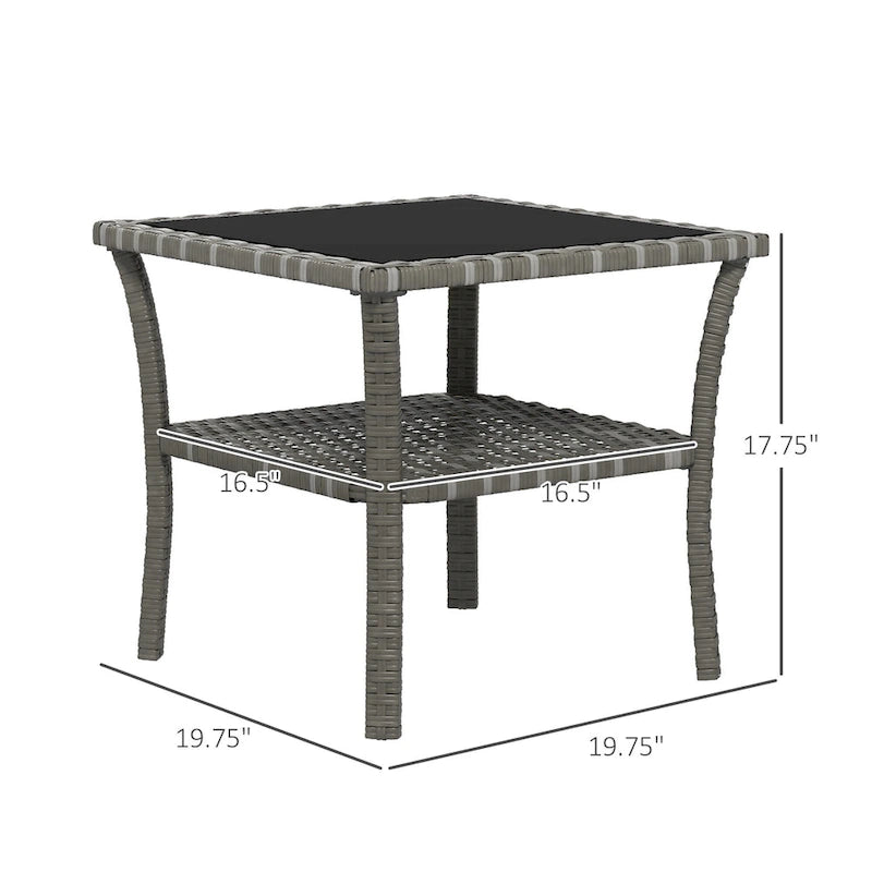 Table d'appoint en rotin, table d'appoint d'extérieur avec étagère de rangement, cadre carré en aluminium, table basse avec plateau en verre trempé, gris mélangé