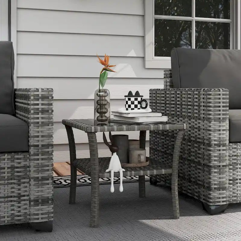Table d'appoint en rotin, table d'appoint d'extérieur avec étagère de rangement, cadre carré en aluminium, table basse avec plateau en verre trempé, gris mélangé
