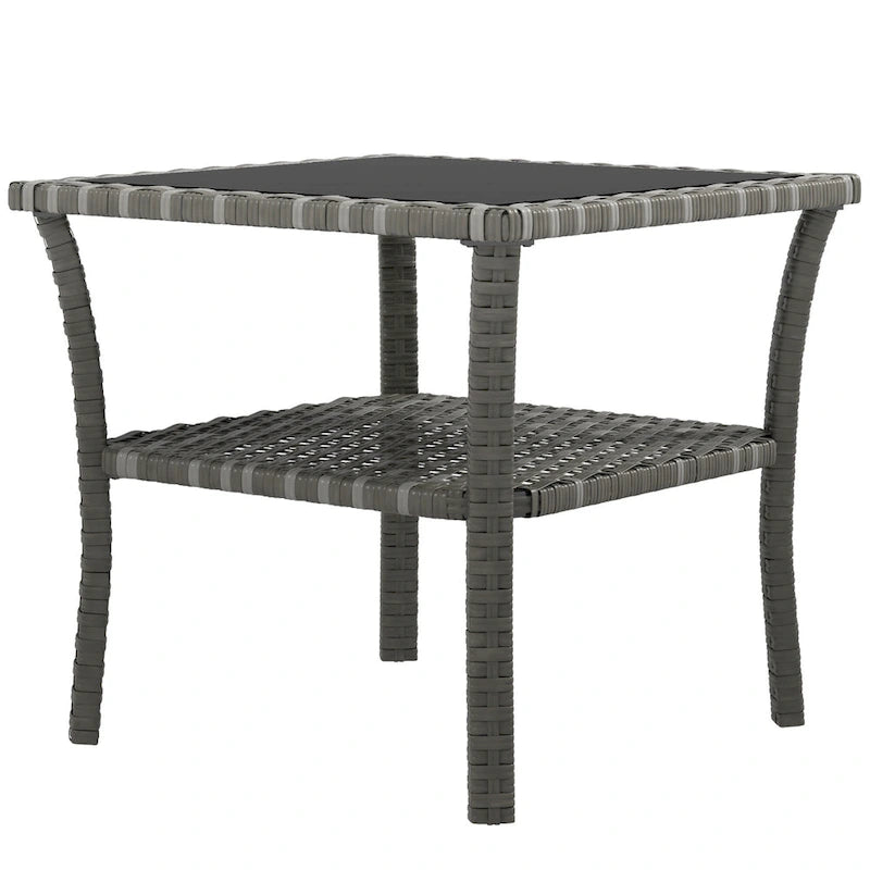 Table d'appoint en rotin, table d'appoint d'extérieur avec étagère de rangement, cadre carré en aluminium, table basse avec plateau en verre trempé, gris mélangé