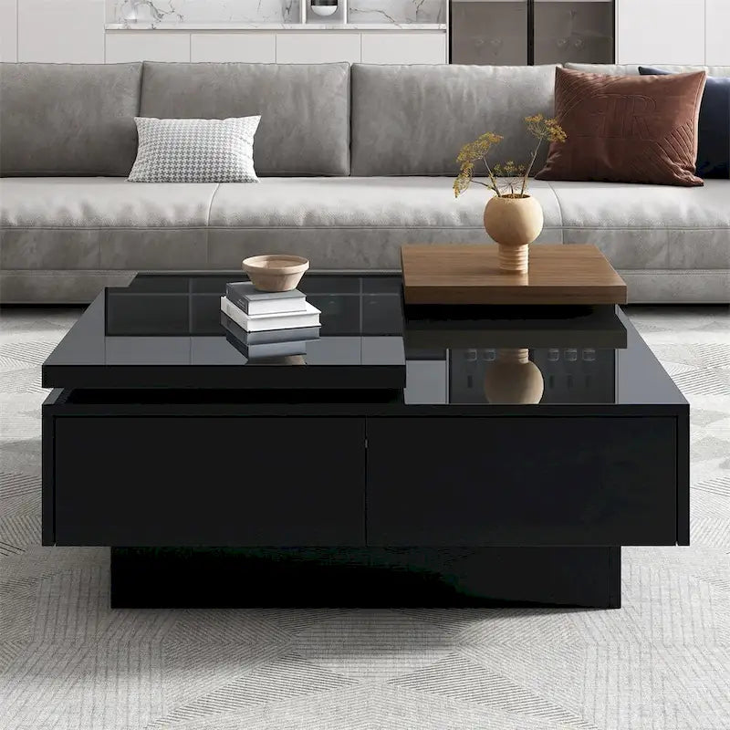 Square Coffee Table With Sliding Tabletop, Modern Coffee Table With 4 Hidden Storage Compartments, Accent Center Table
