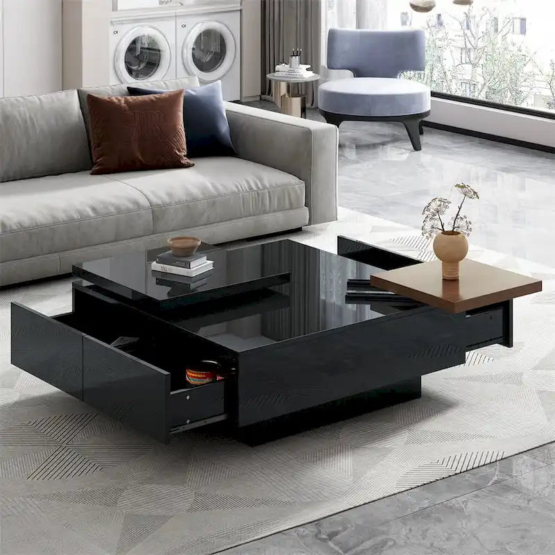 Table basse carrée avec plateau coulissant, table basse moderne avec 4 compartiments de rangement cachés, table d'appoint